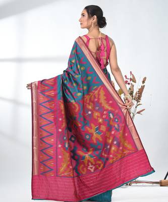 exquisite teal pochampally silk blend saree with vibrant ikat pattern 3