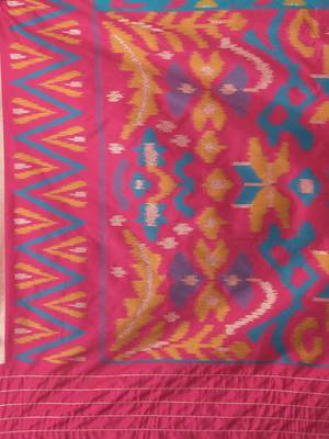 exquisite teal pochampally silk blend saree with vibrant ikat pattern 4