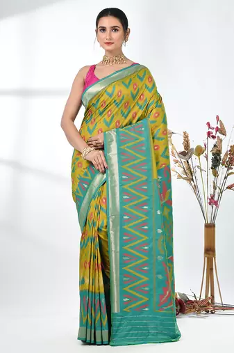 exquisite lemon yellow pochampally silk blend saree with vibrant ikat pattern
