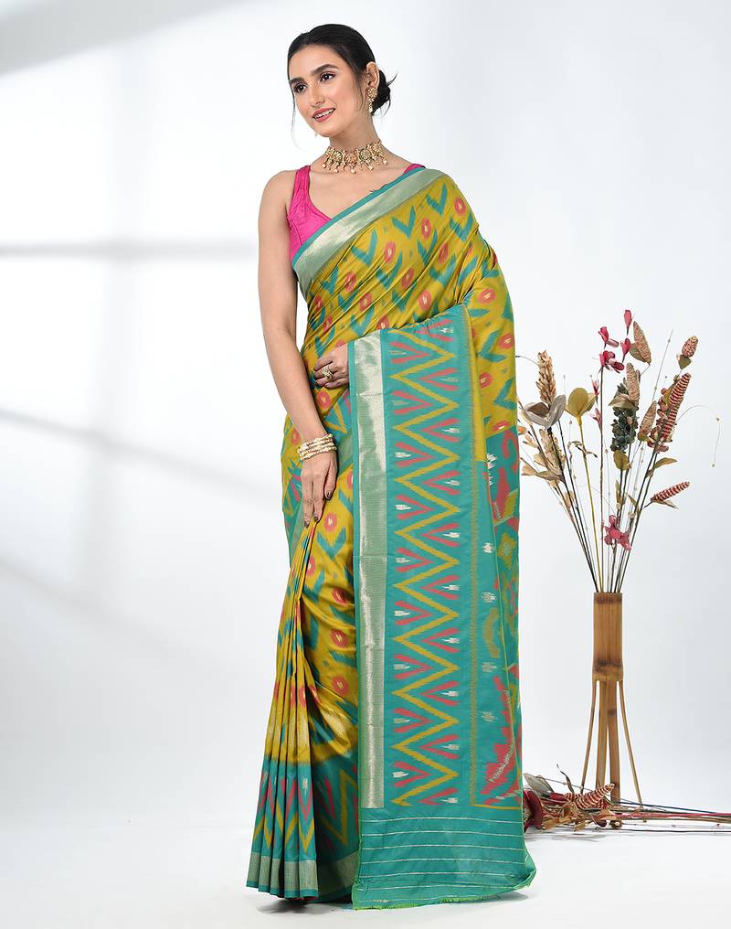 exquisite lemon yellow pochampally silk blend saree with vibrant ikat pattern