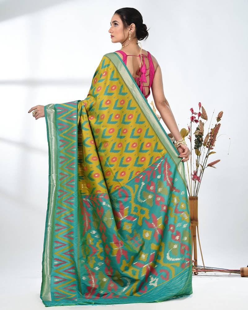 exquisite lemon yellow pochampally silk blend saree with vibrant ikat pattern