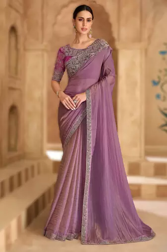 lavender tissue georgette saree with satin work blouse