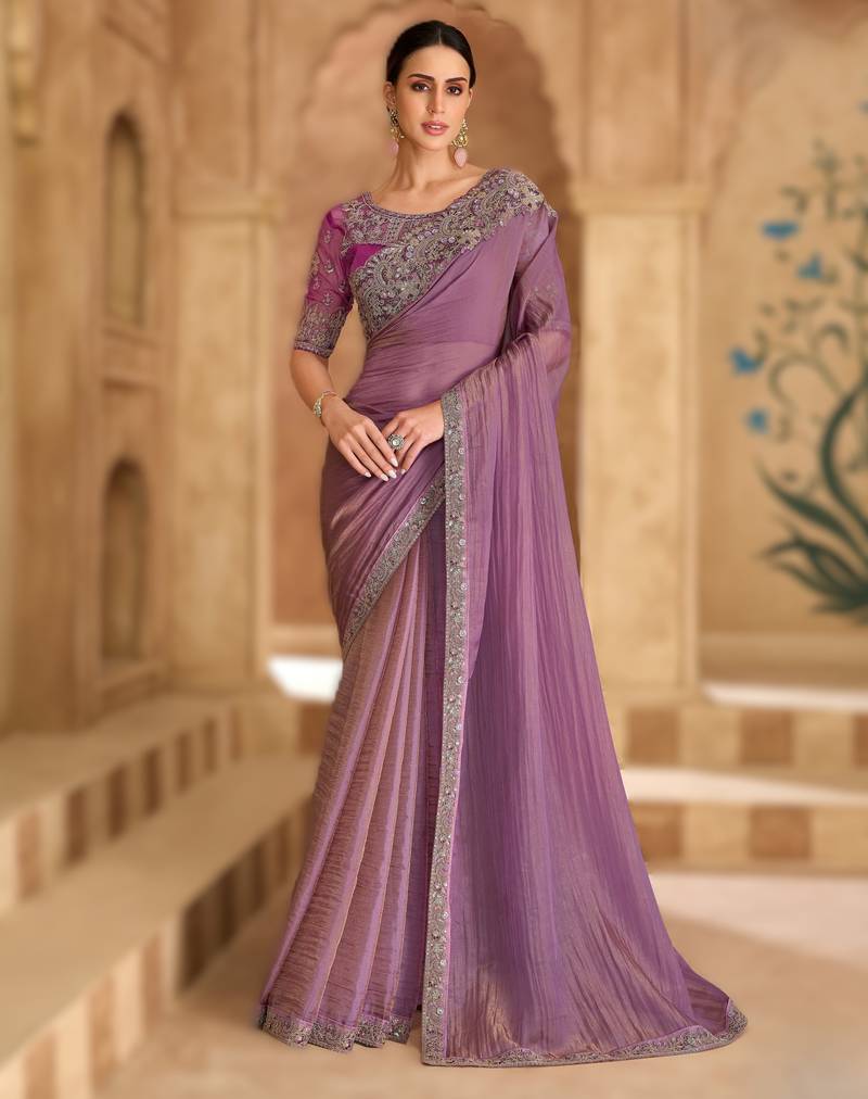 lavender tissue georgette saree with satin work blouse