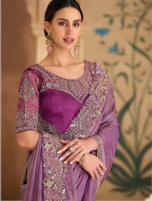 lavender tissue georgette saree with satin work blouse 2