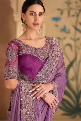 lavender tissue georgette saree with satin work blouse