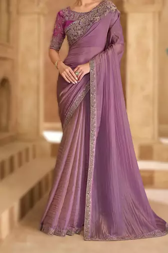 lavender tissue georgette saree with satin work blouse