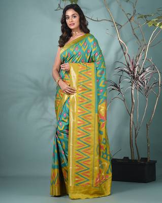 exquisite turquoise blue pochampally silk blend saree with vibrant ikat pattern 2