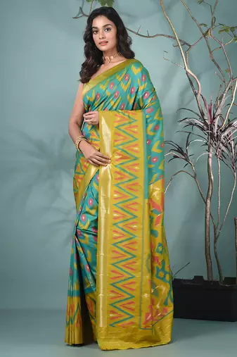 exquisite turquoise blue pochampally silk blend saree with vibrant ikat pattern