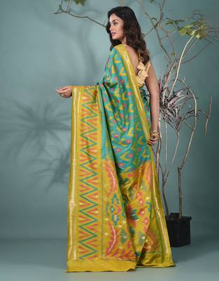 exquisite turquoise blue pochampally silk blend saree with vibrant ikat pattern 3
