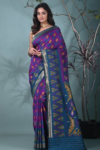 exquisite purple pochampally silk blend saree with vibrant ikat pattern