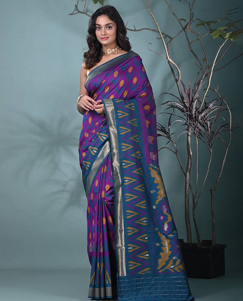 exquisite purple pochampally silk blend saree with vibrant ikat pattern