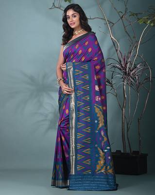 exquisite purple pochampally silk blend saree with vibrant ikat pattern 2