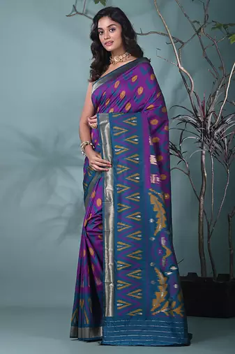 exquisite purple pochampally silk blend saree with vibrant ikat pattern