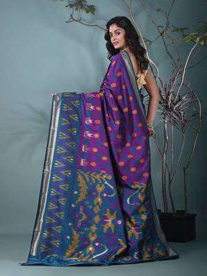 exquisite purple pochampally silk blend saree with vibrant ikat pattern 3