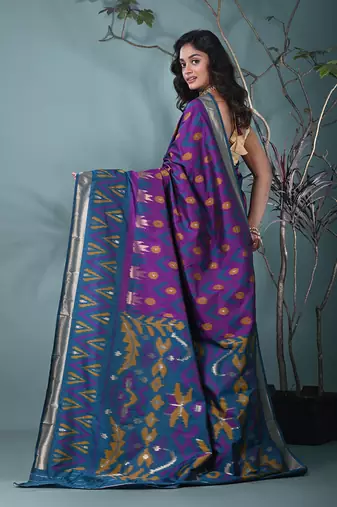 exquisite purple pochampally silk blend saree with vibrant ikat pattern