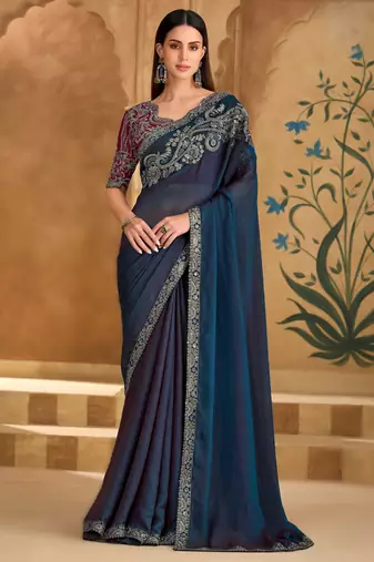 twilight blue silk blend georgette saree with georgette work blouse