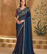 twilight blue silk blend georgette saree with georgette work blouse