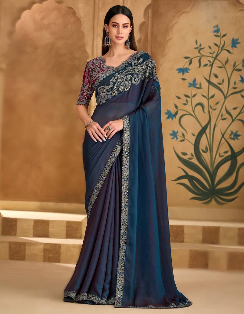 twilight blue silk blend georgette saree with georgette work blouse