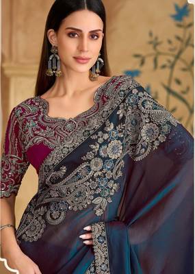 twilight blue silk blend georgette saree with georgette work blouse 2