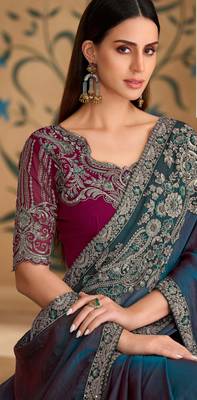 twilight blue silk blend georgette saree with georgette work blouse 3