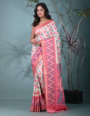 exquisite off white pochampally silk blend saree with vibrant ikat pattern 1