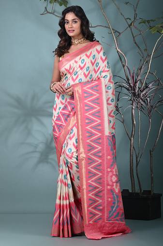 exquisite off white pochampally silk blend saree with vibrant ikat pattern