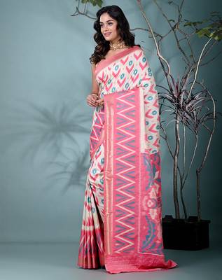 exquisite off white pochampally silk blend saree with vibrant ikat pattern 2