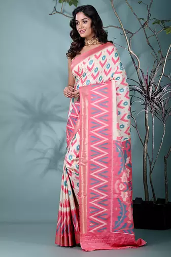 exquisite off white pochampally silk blend saree with vibrant ikat pattern