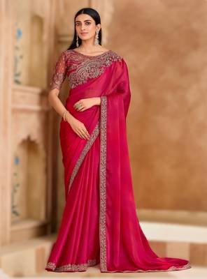 rich pink satin chiffon saree with satin work blouse 1