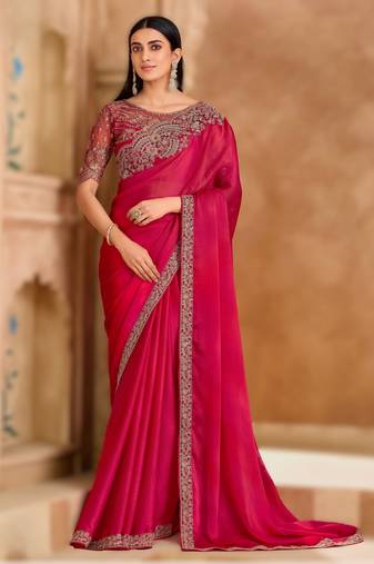 rich pink satin chiffon saree with satin work blouse