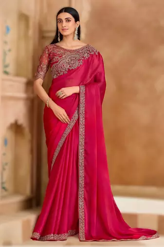 rich pink satin chiffon saree with satin work blouse