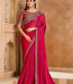 rich pink satin chiffon saree with satin work blouse