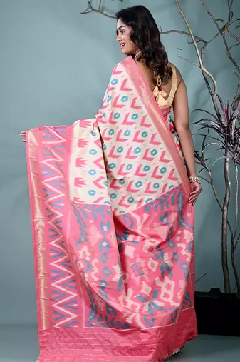 exquisite off white pochampally silk blend saree with vibrant ikat pattern