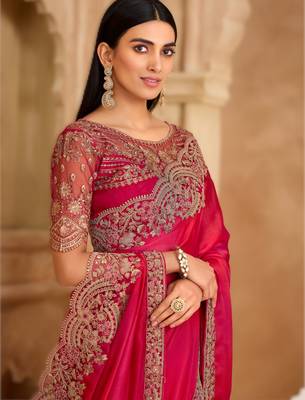 rich pink satin chiffon saree with satin work blouse 2