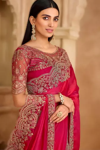 rich pink satin chiffon saree with satin work blouse