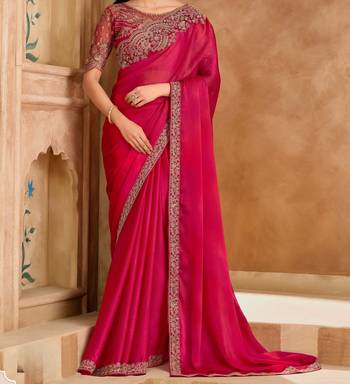 rich pink satin chiffon saree with satin work blouse 3