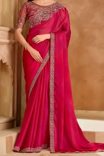 rich pink satin chiffon saree with satin work blouse