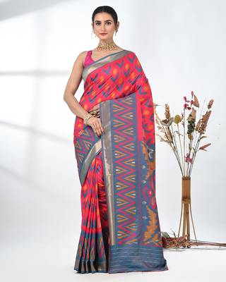 exquisite pink pochampally silk blend saree with vibrant ikat pattern 1