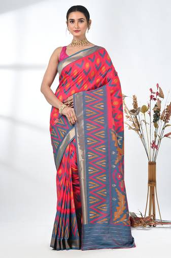 exquisite pink pochampally silk blend saree with vibrant ikat pattern