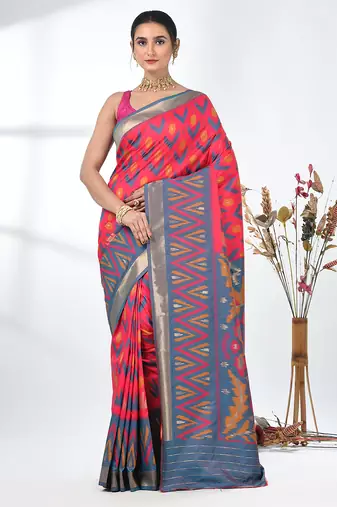 exquisite pink pochampally silk blend saree with vibrant ikat pattern