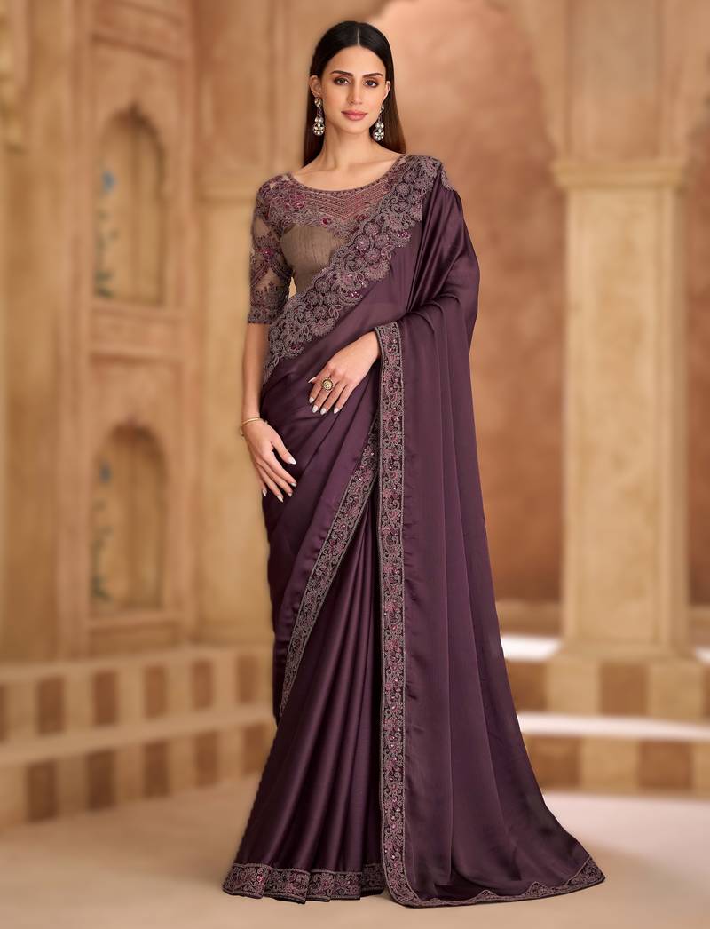 silk blend satin chiffon saree with banglori work blouse