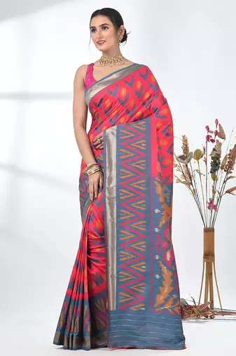 exquisite pink pochampally silk blend saree with vibrant ikat pattern