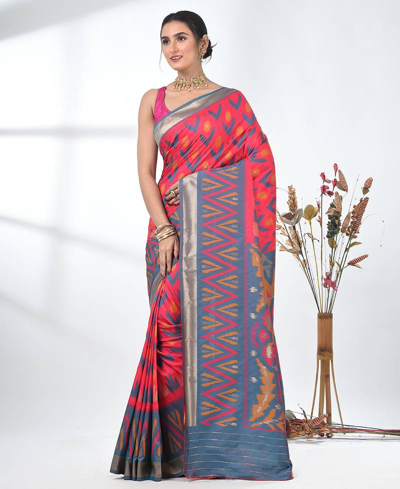 exquisite pink pochampally silk blend saree with vibrant ikat pattern