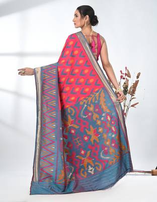 exquisite pink pochampally silk blend saree with vibrant ikat pattern 3