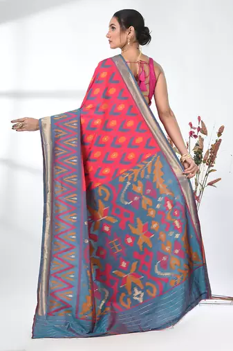 exquisite pink pochampally silk blend saree with vibrant ikat pattern
