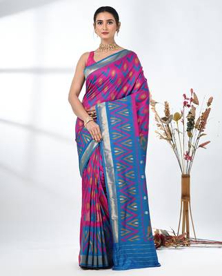 exquisite fuchsia pochampally silk blend saree with vibrant ikat pattern 1