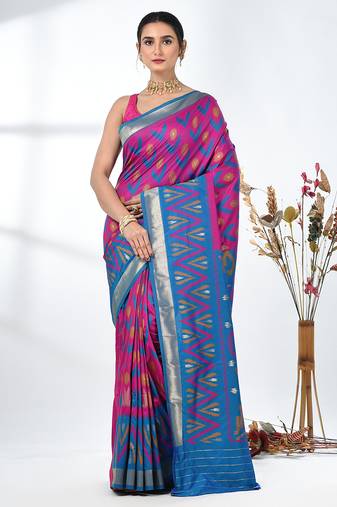 exquisite fuchsia pochampally silk blend saree with vibrant ikat pattern