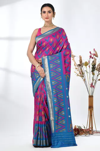 exquisite fuchsia pochampally silk blend saree with vibrant ikat pattern