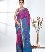 exquisite fuchsia pochampally silk blend saree with vibrant ikat pattern