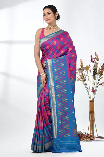exquisite fuchsia pochampally silk blend saree with vibrant ikat pattern
